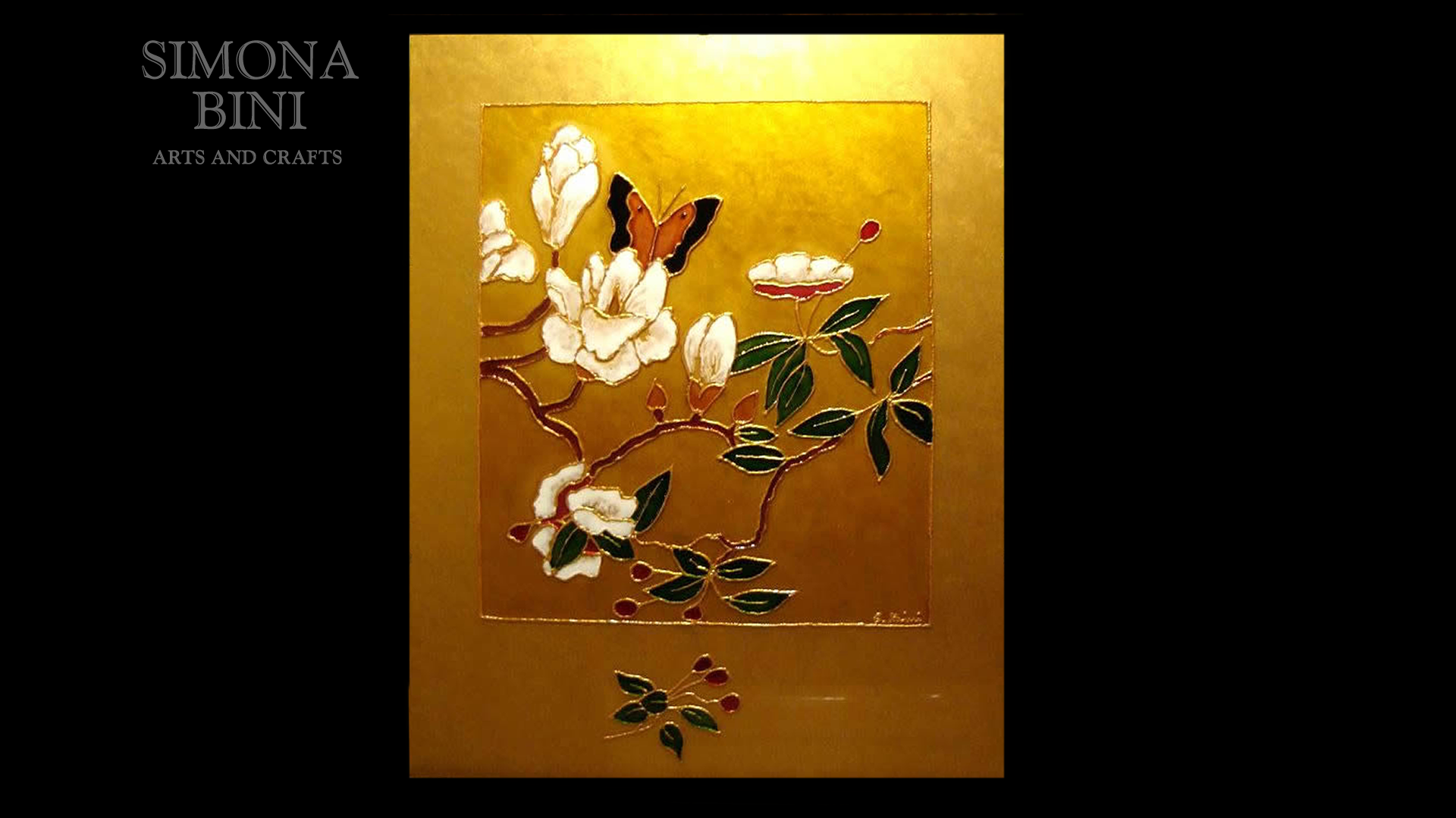 Dipinto su vetro con base oro e farfalla – Painted on glass with gold base and butterfly